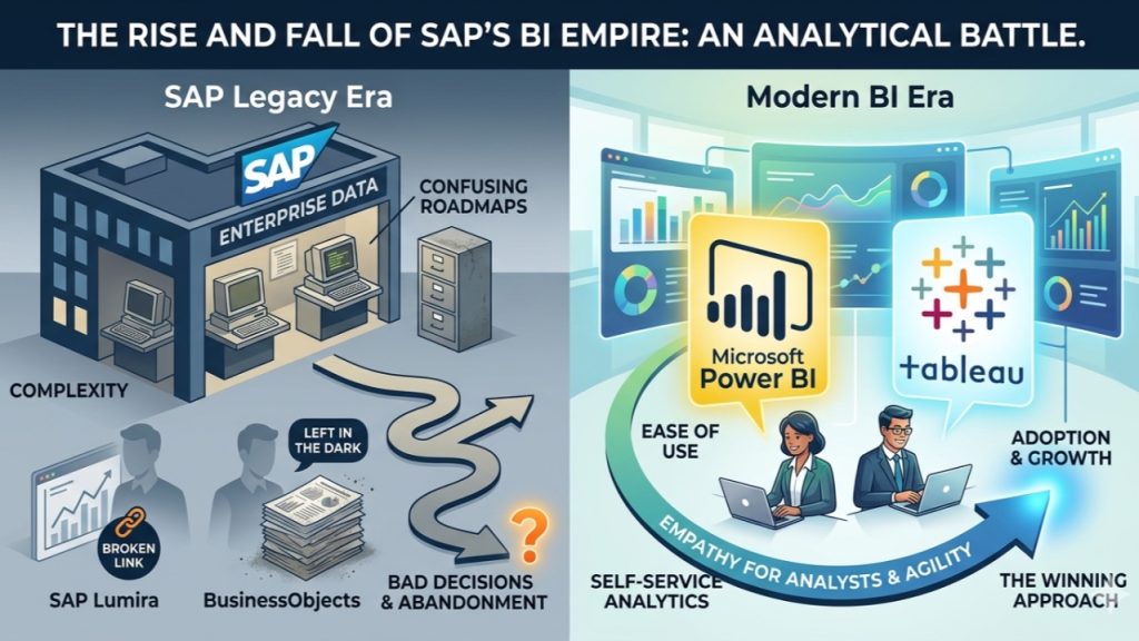 SAP legacy BI era compared with the modern Power BI and Tableau analytics era